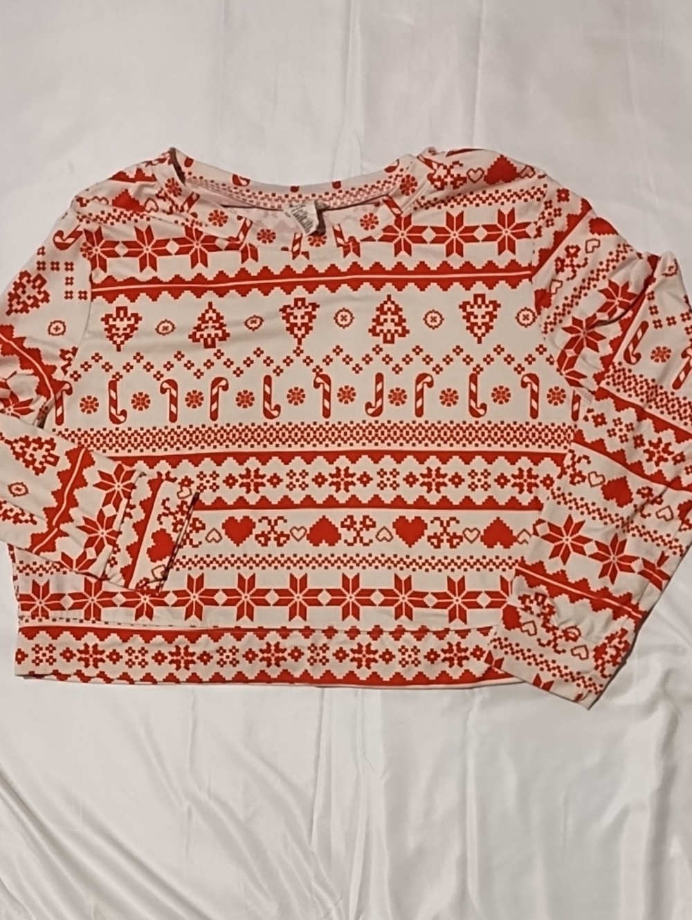 Festive Red & Cream Crew Neck Women's Sweater L/XL VGC Cropped